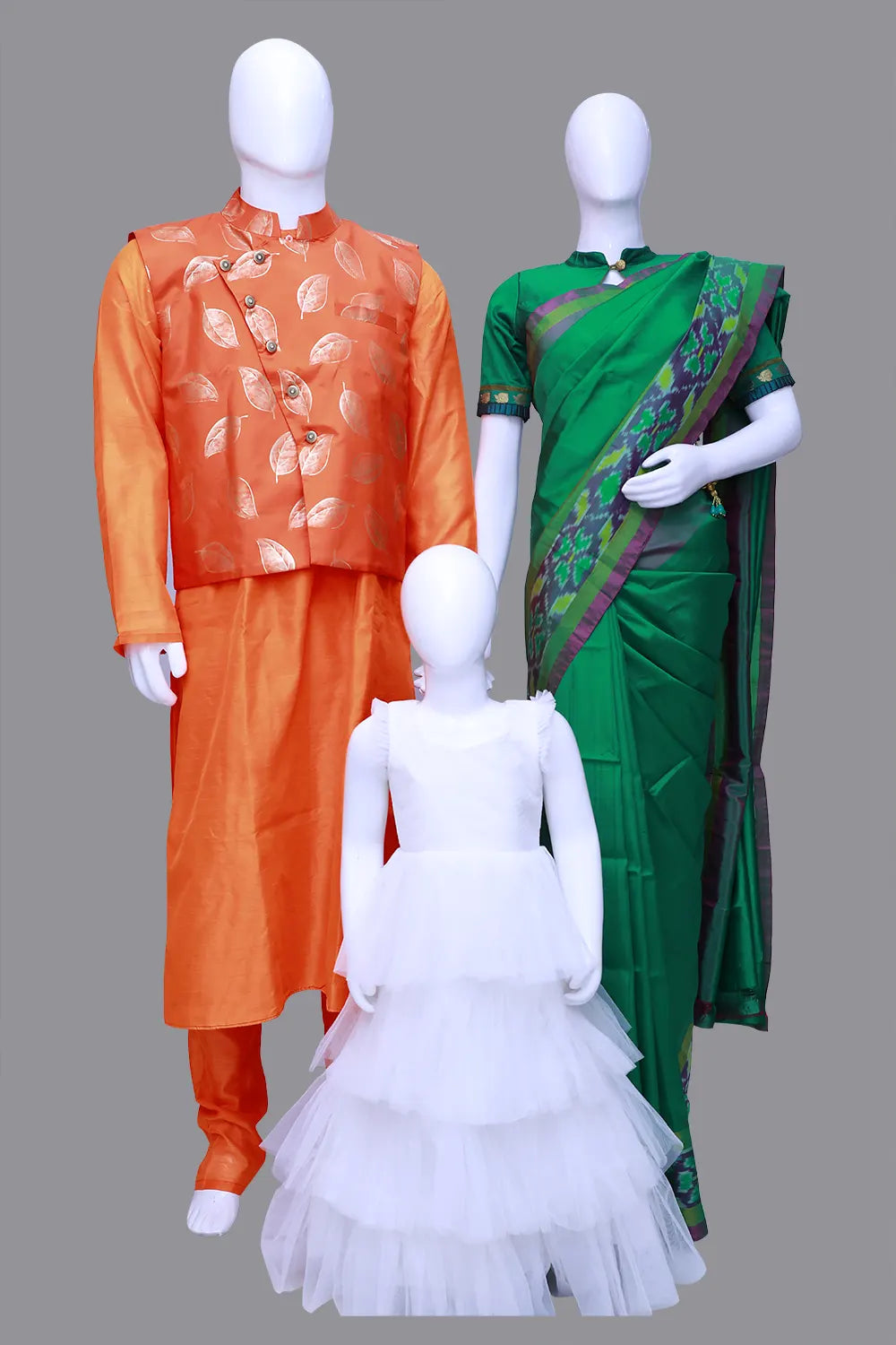 Men's Sherwani,Women's Green Saree and Baby Girl Combo | S3ORANGE