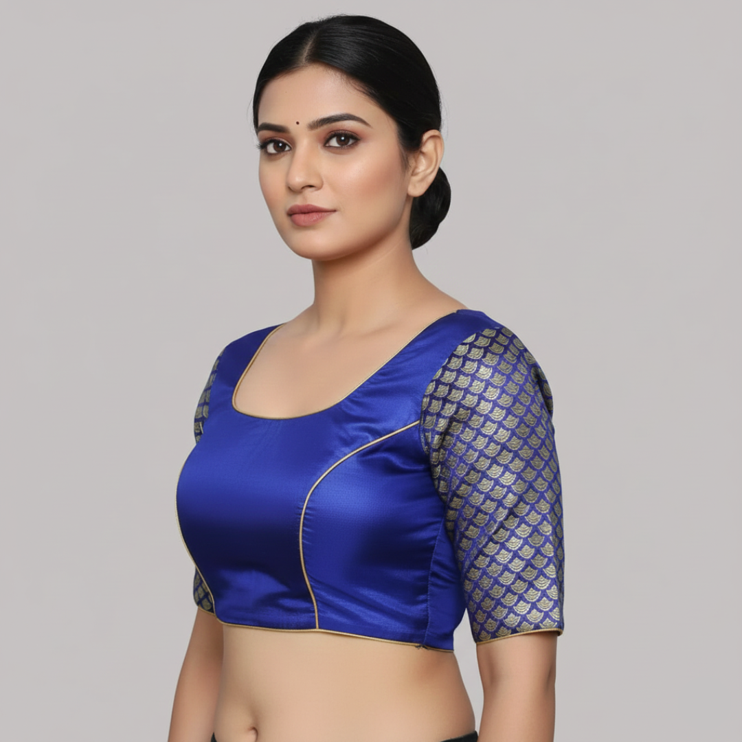 Broad Round Neck Blue Blouse | S3B30