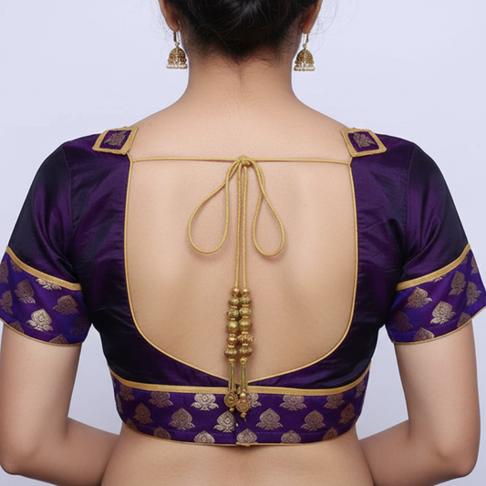 Broad Neck purple Color with Princess Cut embellished with brocade Patches on sleeves Blouse | S3B28