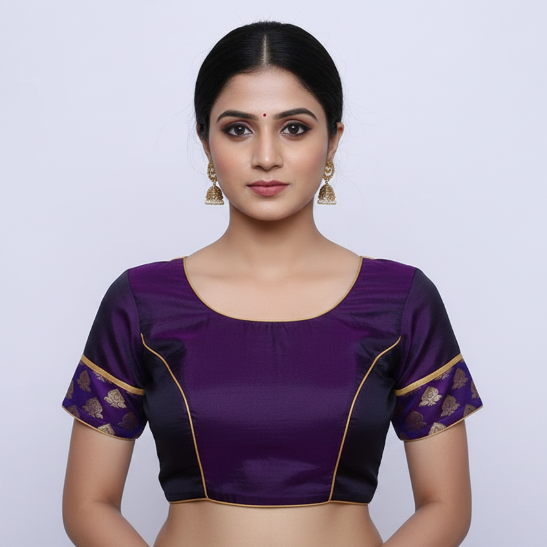Broad Neck purple Color with Princess Cut embellished with brocade Patches on sleeves Blouse | S3B28