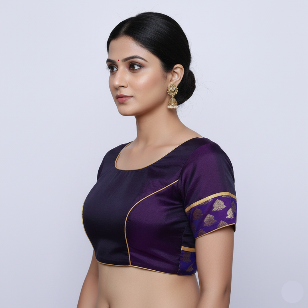 Broad Neck purple Color with Princess Cut embellished with brocade Patches on sleeves Blouse | S3B28
