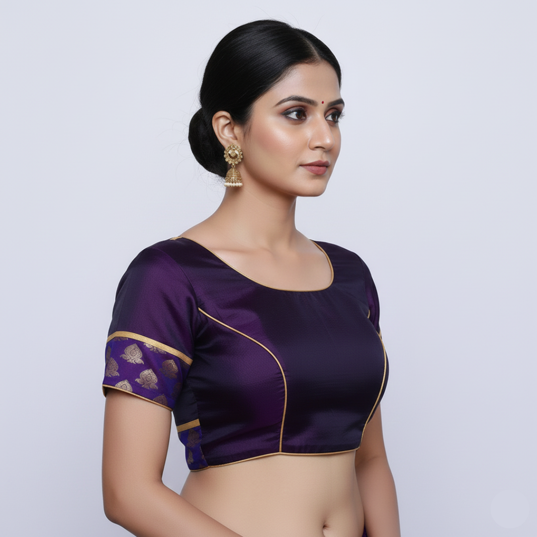 Broad Neck purple Color with Princess Cut embellished with brocade Patches on sleeves Blouse | S3B28