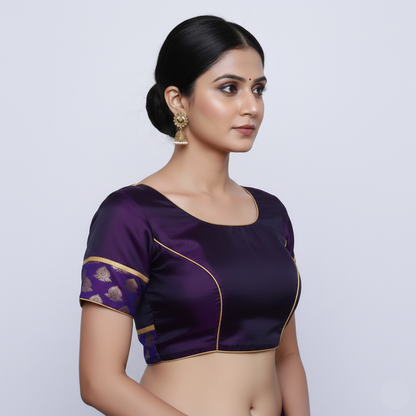 Broad Neck purple Color with Princess Cut embellished with brocade Patches on sleeves Blouse | S3B28