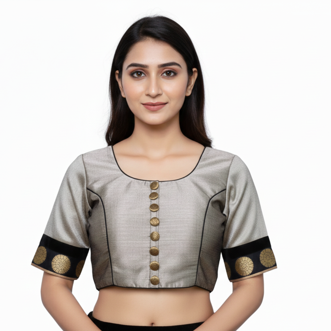 grey Broad Round Neck Princess Cut Embellished buttons with brocade patches Blouse | S3B27