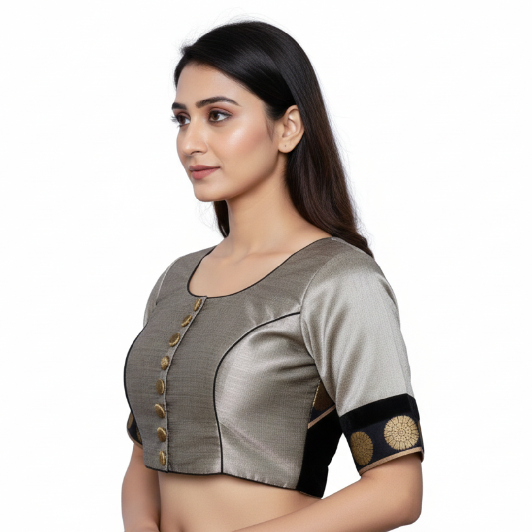 grey Broad Round Neck Princess Cut Embellished buttons with brocade patches Blouse | S3B27