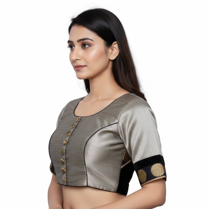 grey Broad Round Neck Princess Cut Embellished buttons with brocade patches Blouse | S3B27