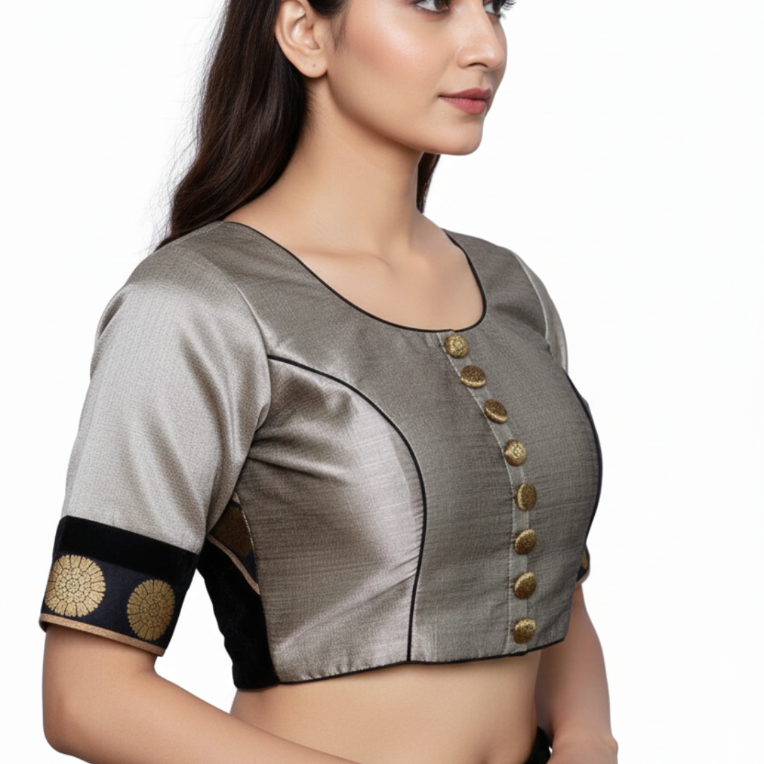 grey Broad Round Neck Princess Cut Embellished buttons with brocade patches Blouse | S3B27