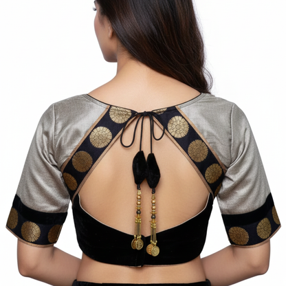 grey Broad Round Neck Princess Cut Embellished buttons with brocade patches Blouse | S3B27