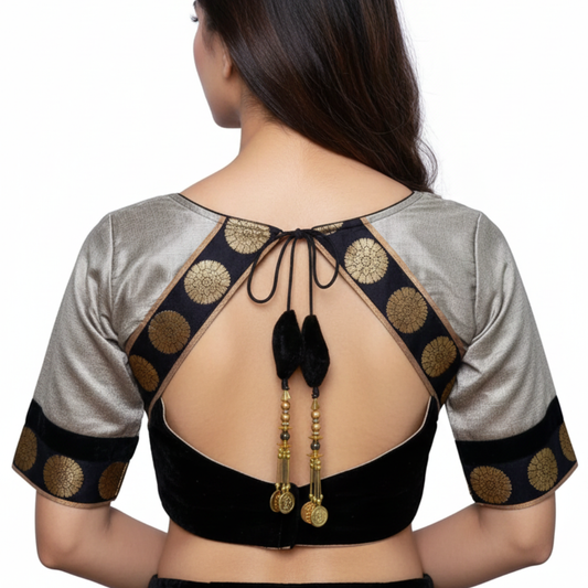 grey Broad Round Neck Princess Cut Embellished buttons with brocade patches Blouse | S3B27