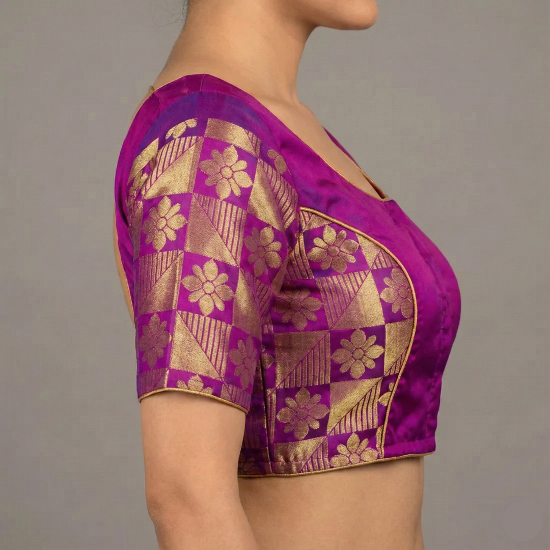 Broad Round neck Magenta Pink with Violet Butta princess Cut Blouse | S3B26