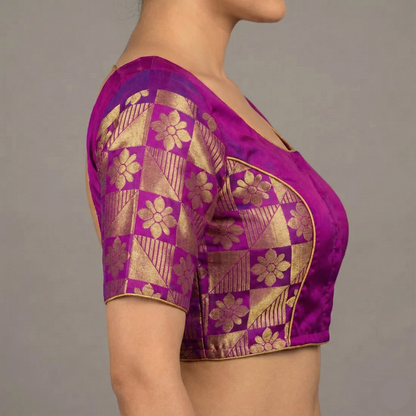 Broad Round neck Magenta Pink with Violet Butta princess Cut Blouse | S3B26
