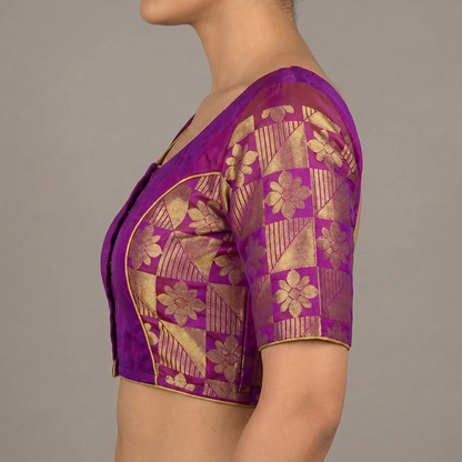 Broad Round neck Magenta Pink with Violet Butta princess Cut Blouse | S3B26