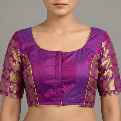Broad Round neck Magenta Pink with Violet Butta princess Cut Blouse | S3B26
