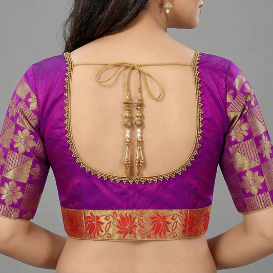 Broad Round neck Magenta Pink with Violet Butta princess Cut Blouse | S3B26