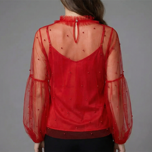 High Neck Pleated Red Net Crop Top  | S3B41