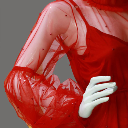 High Neck Pleated Red Net Crop Top  | S3B41