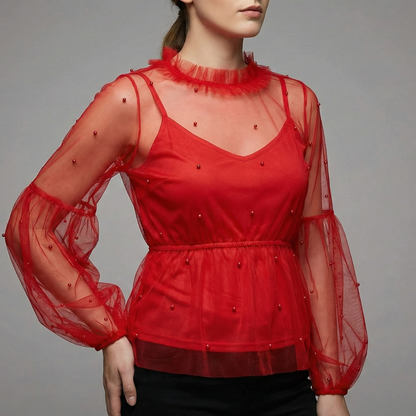 High Neck Pleated Red Net Crop Top  | S3B41