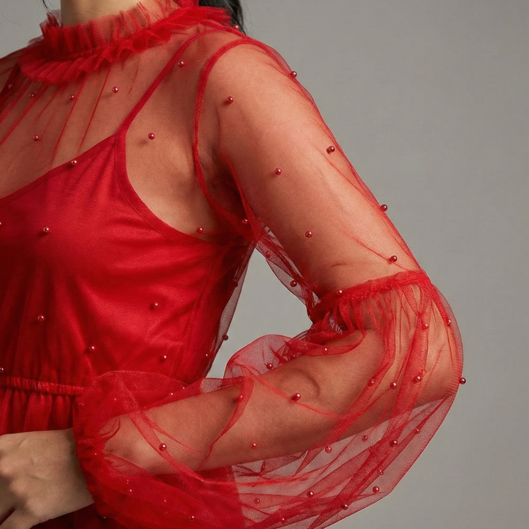 High Neck Pleated Red Net Crop Top  | S3B41