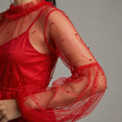 High Neck Pleated Red Net Crop Top  | S3B41