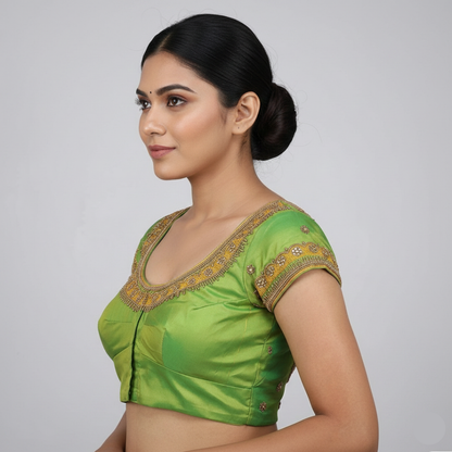 Women Solid Green Silk Round neck with maggam Embellished Blouse |  S3MB22