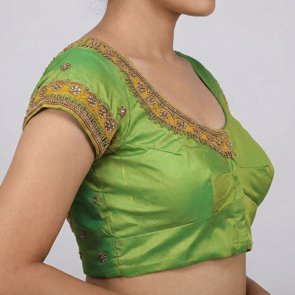 Women Solid Green Silk Round neck with maggam Embellished Blouse |  S3MB22
