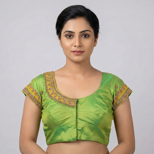 Women Solid Green Silk Round neck with maggam Embellished Blouse |  S3MB22