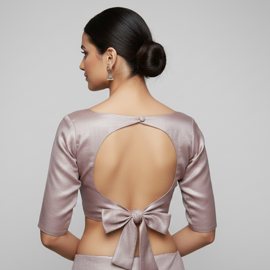 Women Amarnath Pink Satin Round Neck Elbow Sleeves with readymade Blouse | S3B19 | S3B19