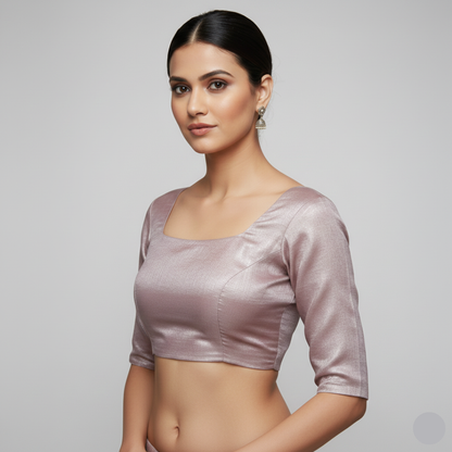 Women Amarnath Pink Satin Round Neck Elbow Sleeves with readymade Blouse | S3B19 | S3B19