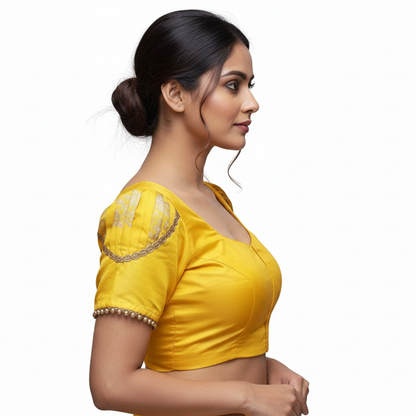Women’s Yellow Embellished Blouse with Lace & Puff Sleeves – Festive Chic | S3 Fashions | S3B18