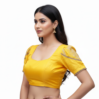 Women’s Yellow Embellished Blouse with Lace & Puff Sleeves – Festive Chic | S3 Fashions | S3B18