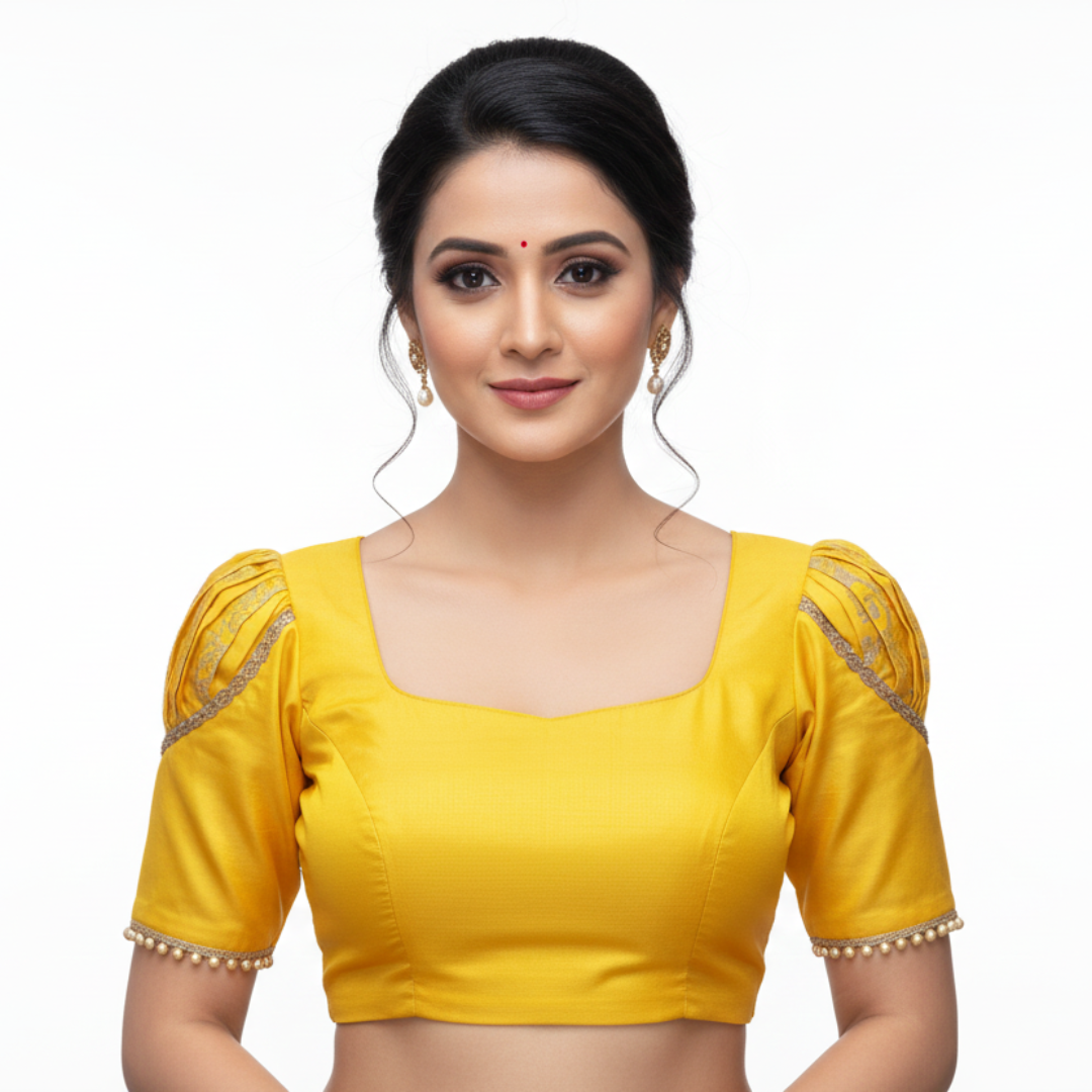 Women’s Yellow Embellished Blouse with Lace & Puff Sleeves – Festive Chic | S3 Fashions | S3B18
