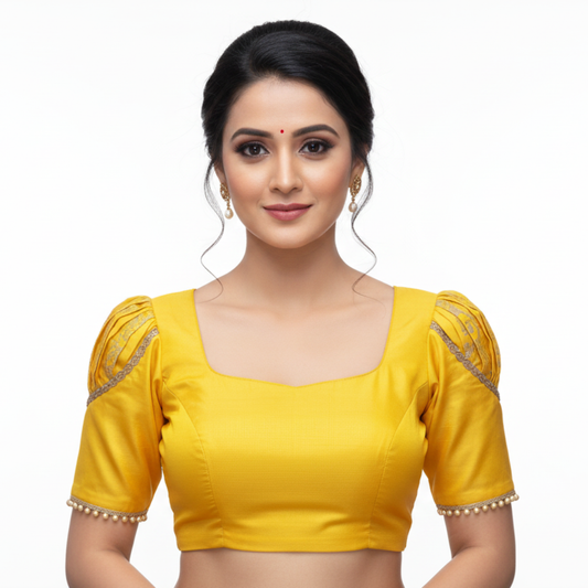 Women’s Yellow Embellished Blouse with Lace & Puff Sleeves – Festive Chic | S3 Fashions | S3B18