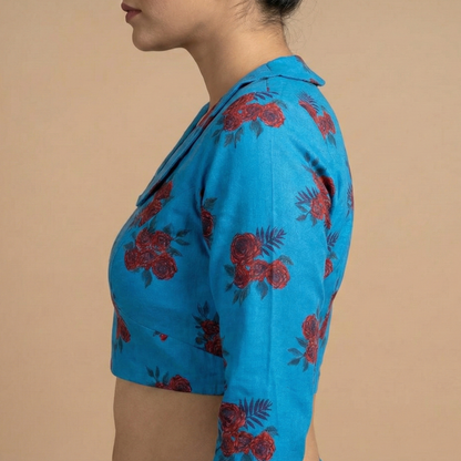 Peter Pan Collared Blue Printed Blouse – Smart & Chic Ethnic Fusion | S3 Fashions| S3B17