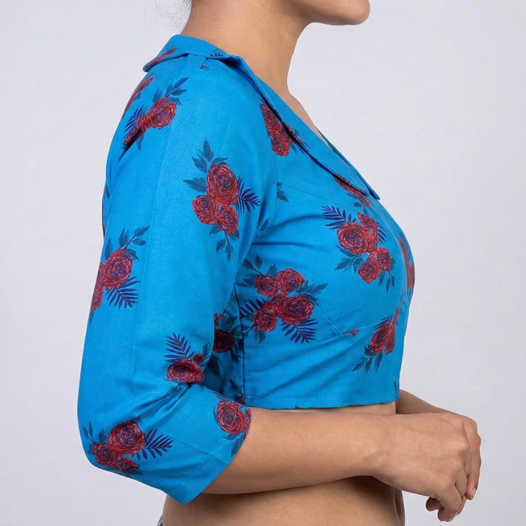 Peter Pan Collared Blue Printed Blouse – Smart & Chic Ethnic Fusion | S3 Fashions| S3B17