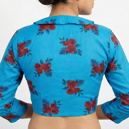 Peter Pan Collared Blue Printed Blouse – Smart & Chic Ethnic Fusion | S3 Fashions| S3B17