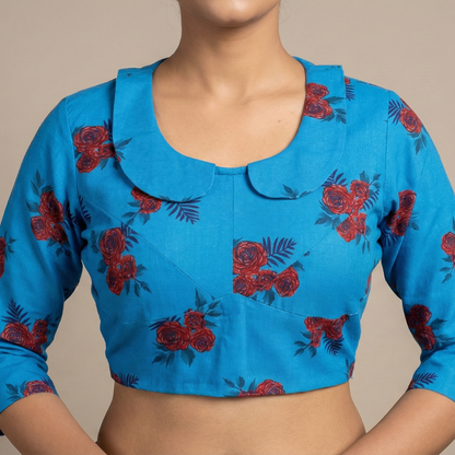 Peter Pan Collared Blue Printed Blouse – Smart & Chic Ethnic Fusion | S3 Fashions| S3B17