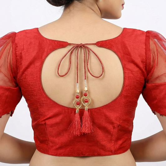Women Red Princess Cut Regular Net Puff Sleeves Ready Made Blouse | S3B7