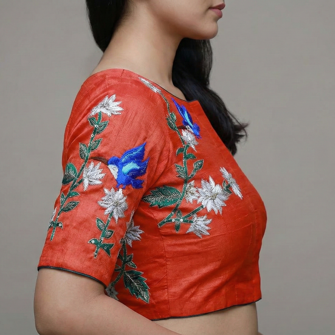 Orange Thread Work Boat Neck Blouse – Vibrant Elegance for Every Occasion | S3 Fashions | S3MB3