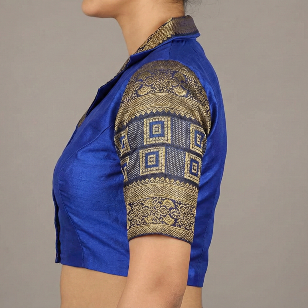 Women's Blue Collared Neck Pattu Blouse | S3B1174
