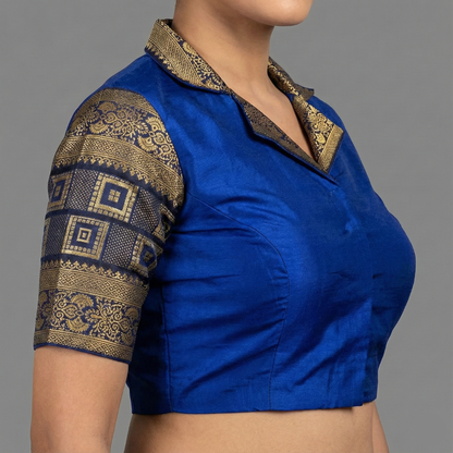 Women's Blue Collared Neck Pattu Blouse | S3B1174