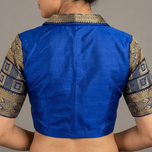 Women's Blue Collared Neck Pattu Blouse | S3B1174