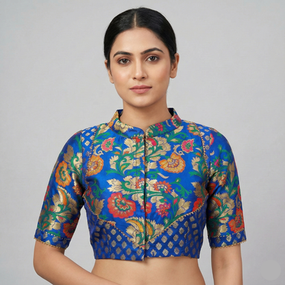 Blue Floral Printed Collared Neck Blouse | S3B1236