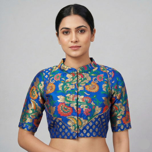 Blue Floral Printed Collared Neck Blouse | S3B1236