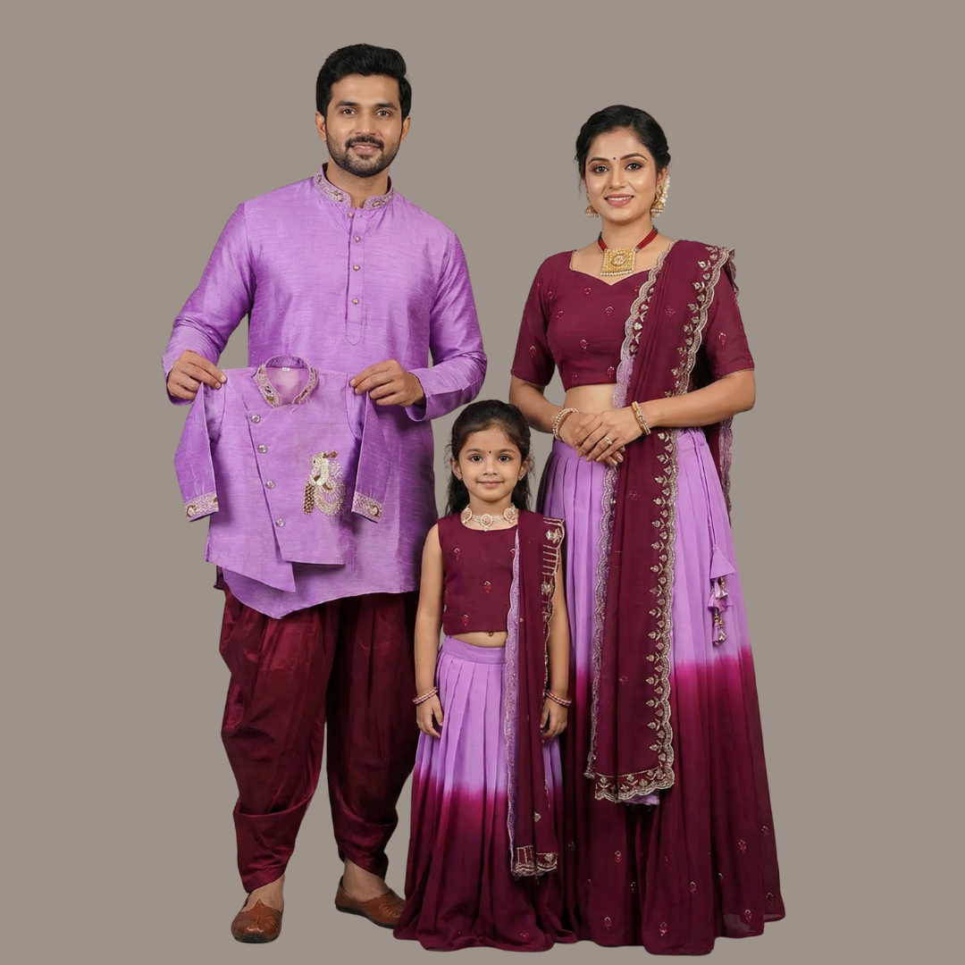 Regal Wine & Purple Embroidery Family Set – Royal Elegance