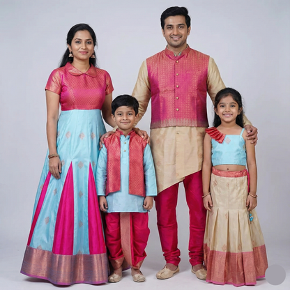 small family combo traditional wear set. color - sky blue and red color