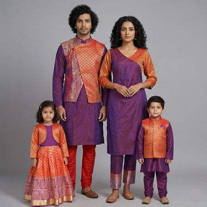 small family combo dress, color - purple and orange