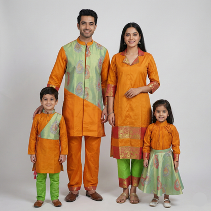 Small family combo dress, color - orange and pista green