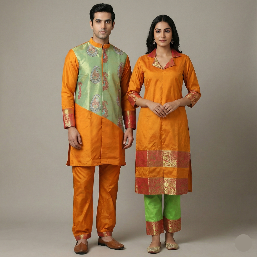 Couple combo dress, color- orange and pista green