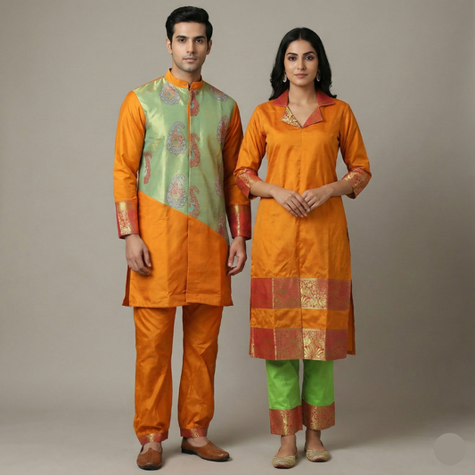 Couple combo dress, color- orange and pista green
