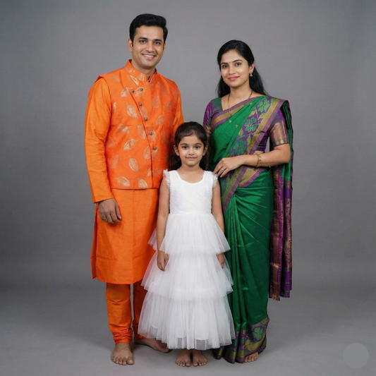Men's Sherwani,Women's Green Saree and Baby Girl Combo | S3ORANGE